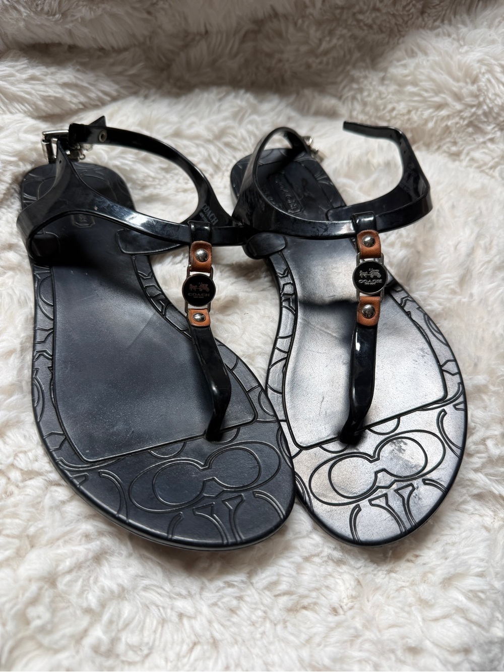Coach Black Jelly T-Strap Sandals with Brown Accents